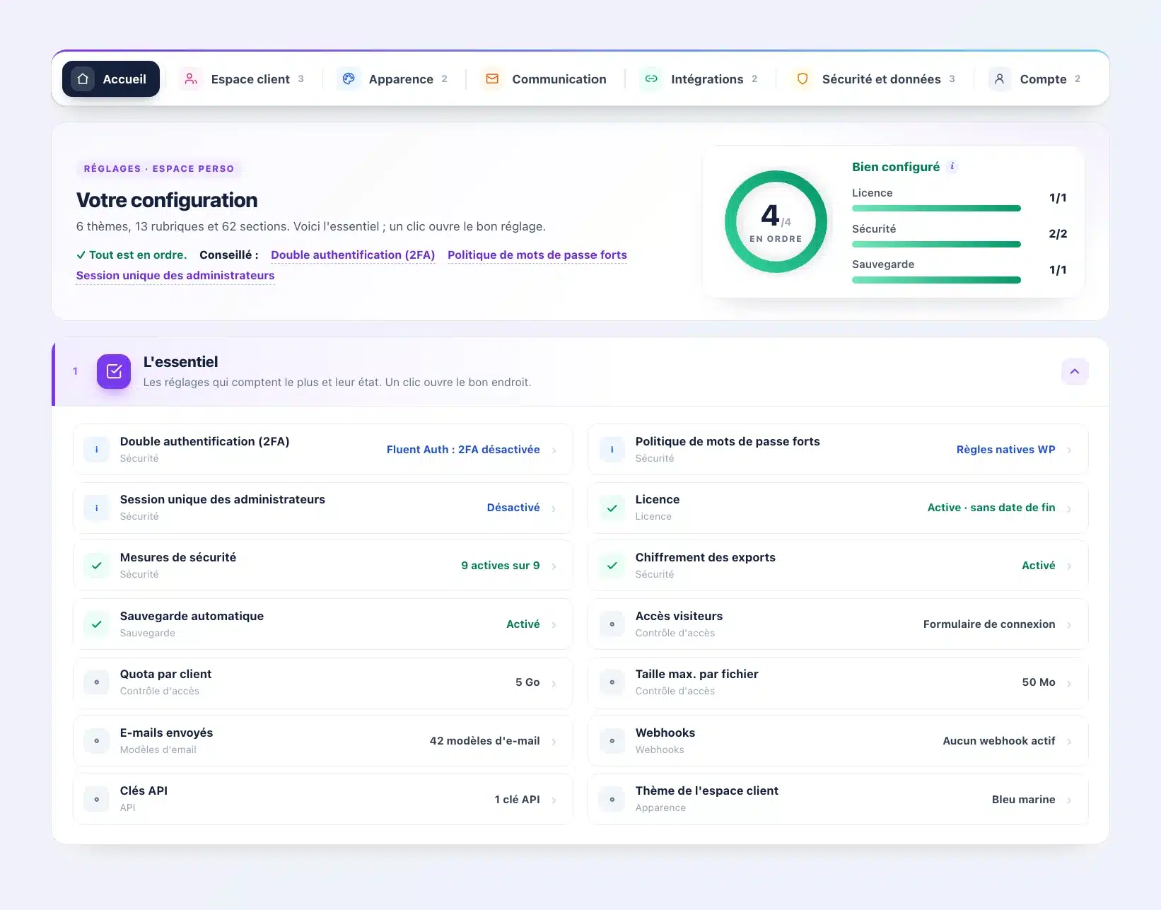 Accueil des réglages de Client Vault 20.37 : barre des six thèmes, note de configuration 4 sur 4 avec Licence, Sécurité et Sauvegarde, et liste « L’essentiel » avec l’état de chaque réglage