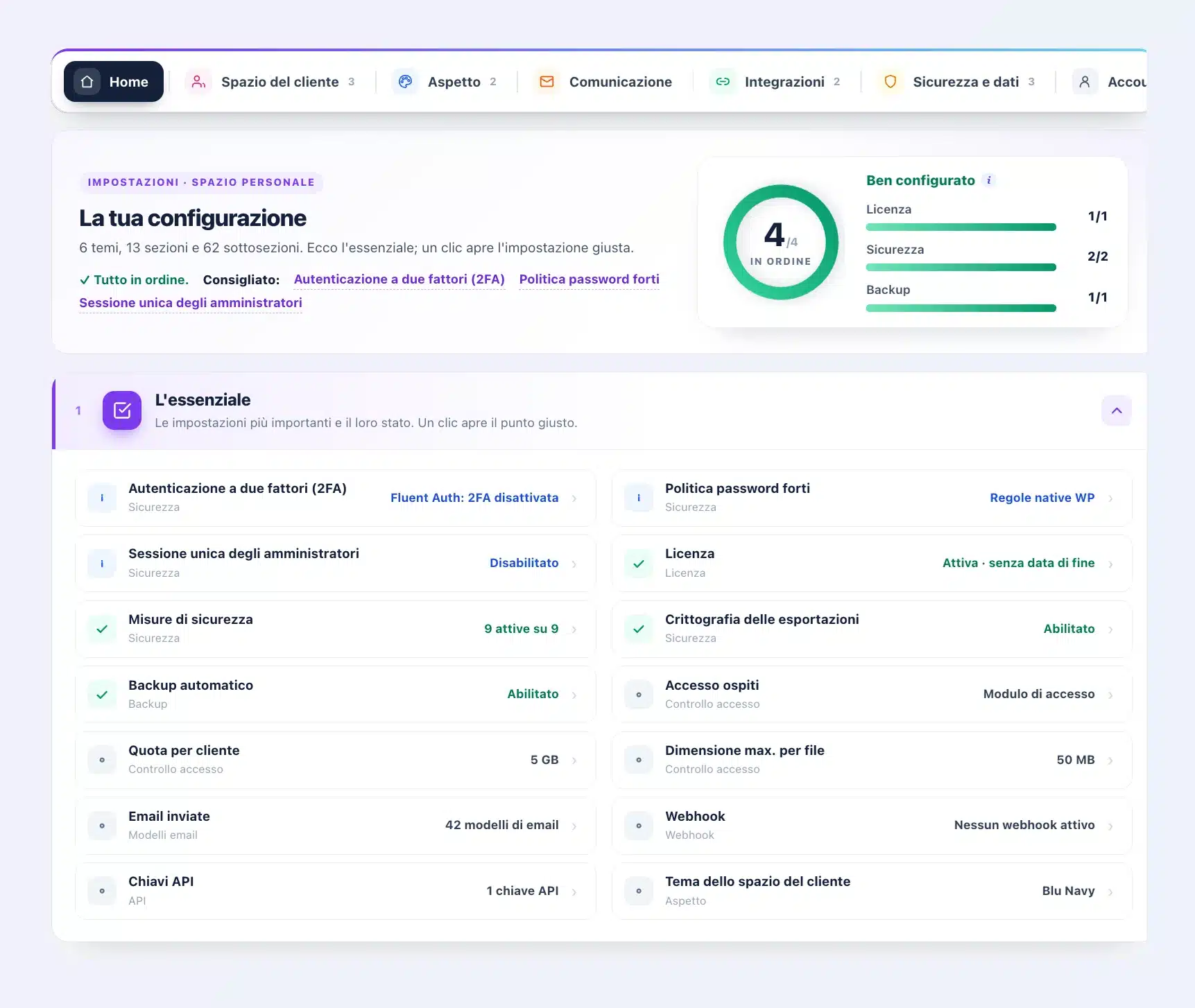 Home delle impostazioni di Client Vault 20.37: barra dei sei temi, punteggio di configurazione 4 su 4 con Licenza, Sicurezza e Backup, ed elenco «L’essenziale» con lo stato di ogni impostazione