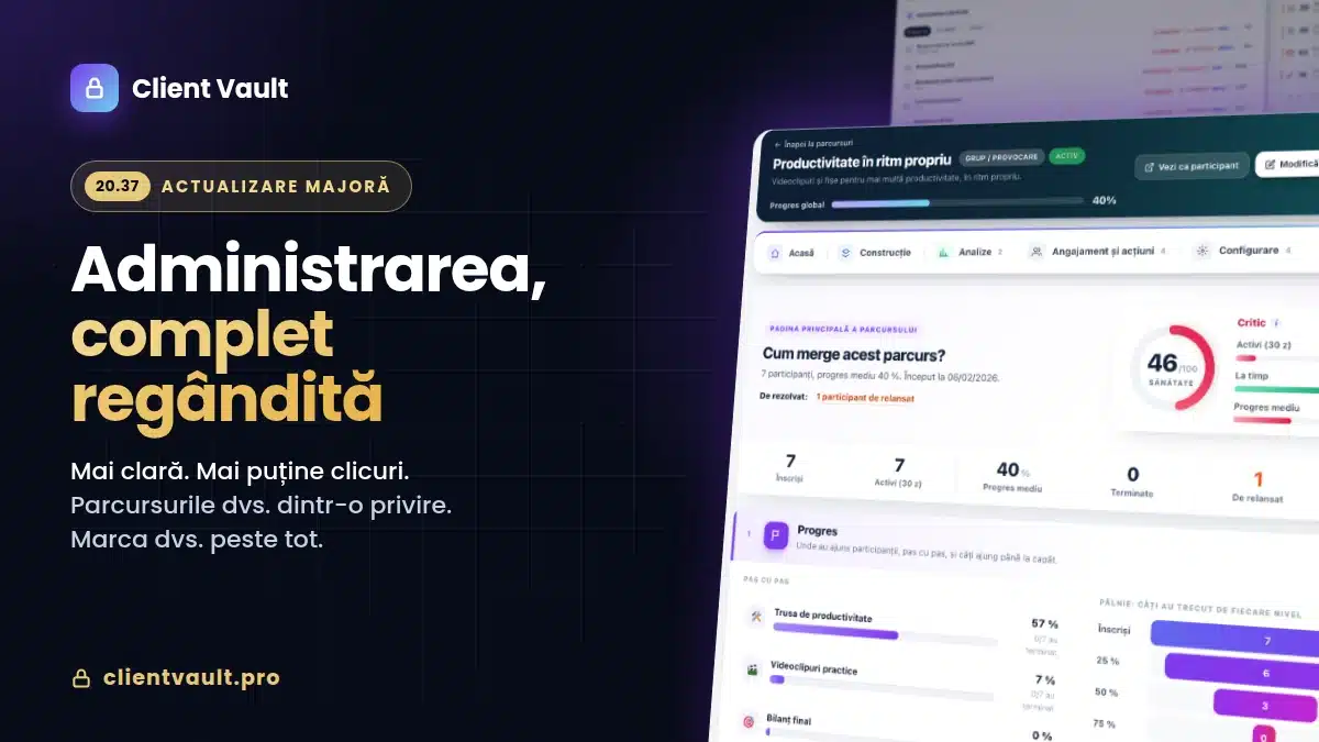 Imagine reprezentativă Client Vault 20.37: administrarea regândită, cu pagina principală a unui parcurs