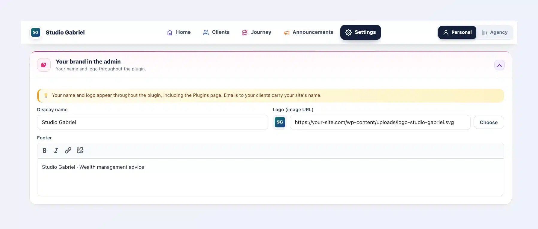 Client Vault settings, “Your brand in the admin” card: display name Studio Gabriel, logo and footer, with the navigation bar under that name
