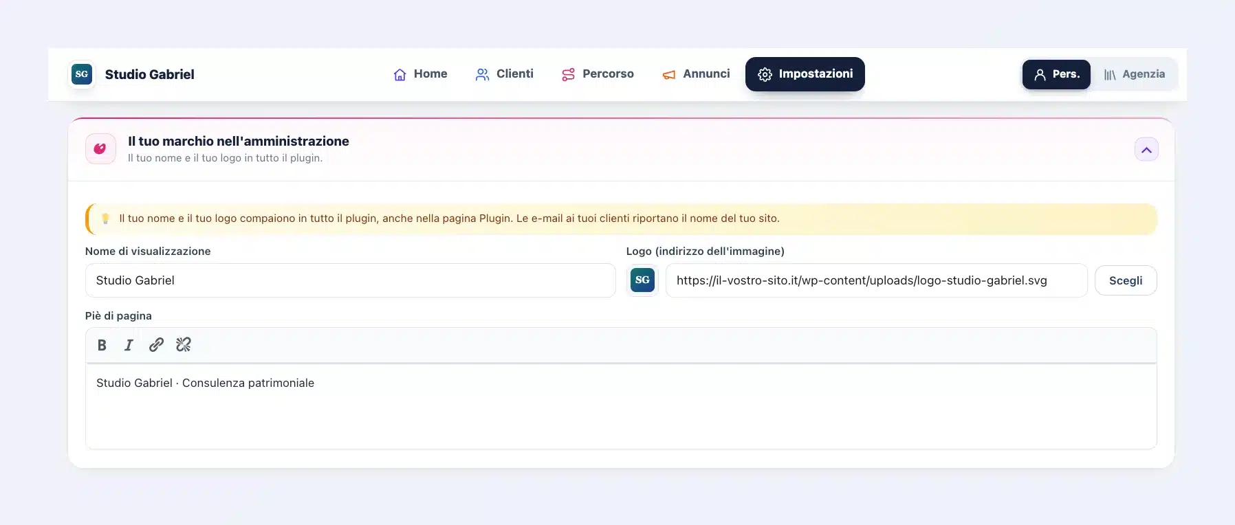 Impostazioni di Client Vault, riquadro «Il tuo marchio nell’amministrazione»: nome visualizzato Studio Gabriel, logo e piè di pagina, con la barra di navigazione a questo nome