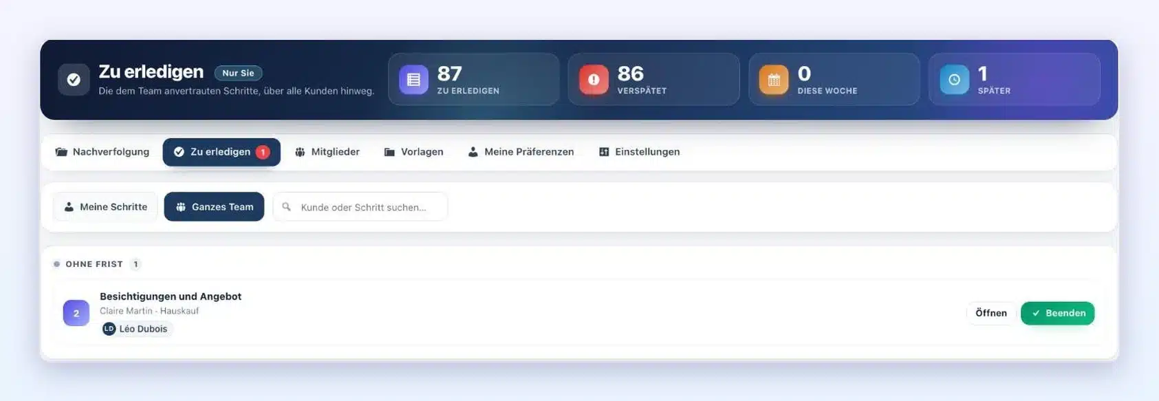 Liste „Zu erledigen“ eines Mitarbeiters in Client Vault 20.42: der Schritt „Besichtigungen und Angebot“ des Ordners Hauskauf, mit den Schaltflächen Öffnen und Beenden