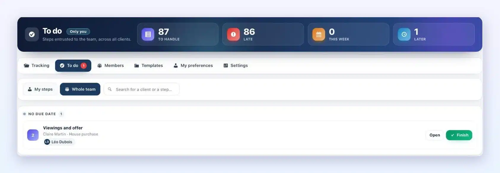 A collaborator’s “To do” list in Client Vault 20.42: the step “Viewings and offer” of the House purchase folder, with the Open and Finish buttons