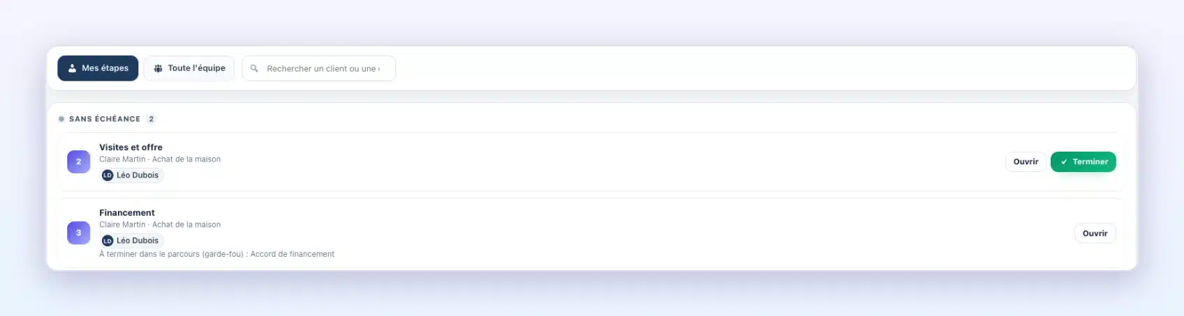 Liste « À faire » d’un collaborateur dans Client Vault 20.42 : étapes Visites et offre et Financement du dossier Achat de la maison, avec les boutons Ouvrir et Terminer