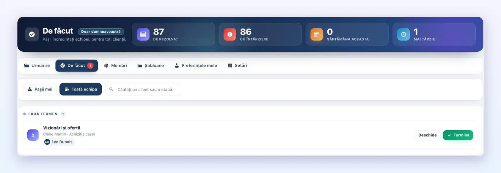 Lista „De făcut” a unui colaborator în Client Vault 20.42: pasul „Vizionări și ofertă” al dosarului Achiziția casei, cu butoanele Deschide și Termina