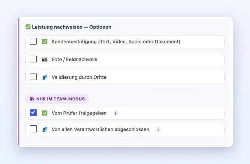 Optionen der Schutzmaßnahmen in Client Vault 20.42: Karten Einen Erfolg nachweisen und Aktion planen, mit dem Hinweis Nur im Team-Modus bei Vom Prüfer freigegeben, Von allen Verantwortlichen abgeschlossen und FluentBoards-Aufgabe abgeschlossen