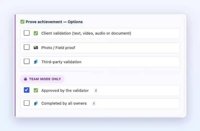 Safeguard options in Client Vault 20.42: Prove an achievement and Schedule an action cards, with the label Team mode only on Approved by the validator, Completed by all owners and FluentBoards task completed