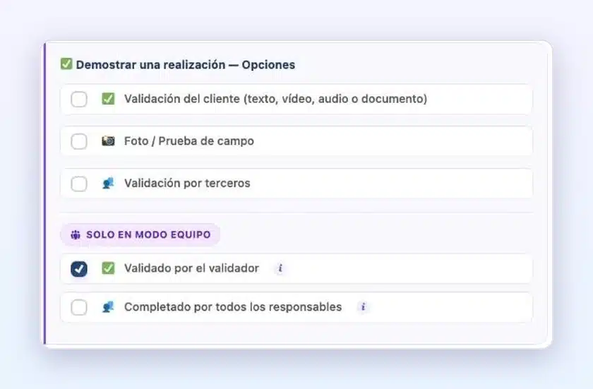 Opciones de las salvaguardas en Client Vault 20.42: tarjetas Demostrar un logro y Programar una acción, con la mención Solo en modo Equipo en Validado por el validador, Completado por todos los responsables y Tarea de FluentBoards completada
