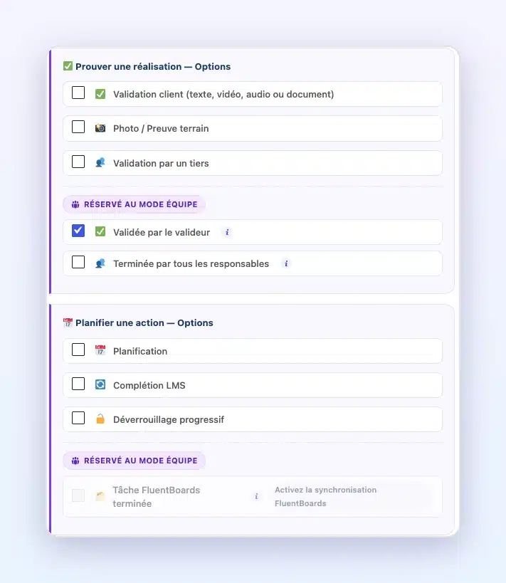 Options des garde-fous dans Client Vault 20.42 : cartes Prouver une réalisation et Planifier une action, avec la mention Réservé au mode Équipe sur Validée par le valideur, Terminée par tous les responsables et Tâche FluentBoards terminée