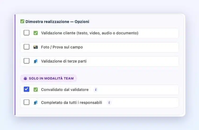 Opzioni delle protezioni in Client Vault 20.42: schede Dimostrare un risultato e Pianifica un’azione, con la dicitura Solo in modalità Team su Convalidato dal validatore, Completato da tutti i responsabili e Attività FluentBoards completata