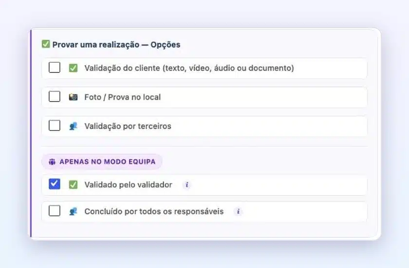 Opções das salvaguardas no Client Vault 20.42: cartões Provar uma conquista e Agendar uma ação, com a menção Apenas no modo Equipa em Validado pelo validador, Concluído por todos os responsáveis e Tarefa FluentBoards concluída