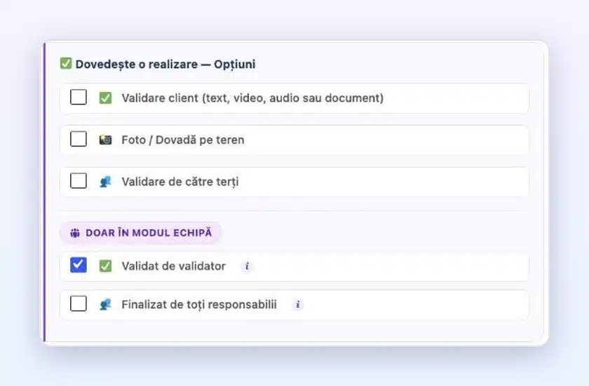 Opțiunile protecțiilor în Client Vault 20.42: cardurile Dovedește o realizare și Programează o acțiune, cu mențiunea Doar în modul Echipă pe Validat de validator, Finalizat de toți responsabilii și Sarcină FluentBoards finalizată