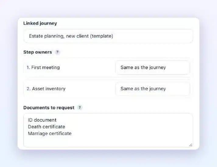 Team mode folder template in Client Vault 20.43 with the “Linked journey” field offering a template journey, “Step owners” and “Documents to request”