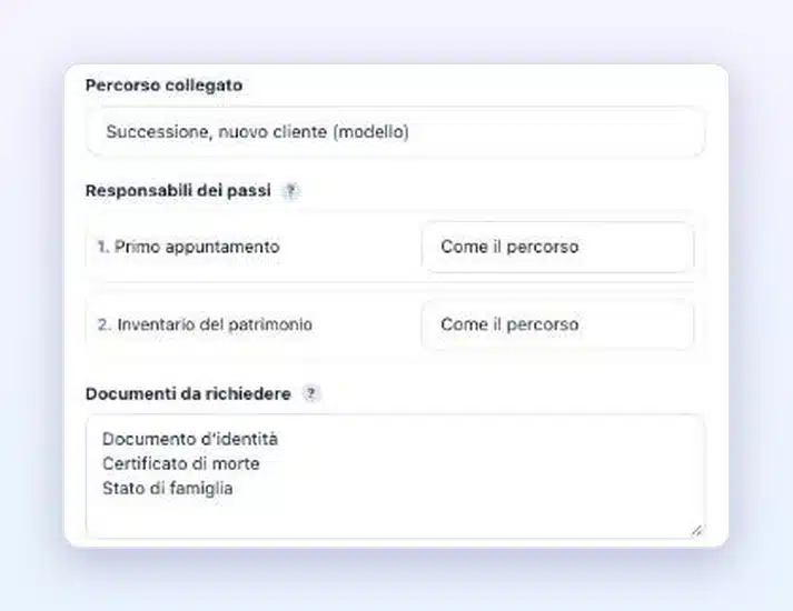 Modello di cartella della modalità Team in Client Vault 20.43 con il campo «Percorso collegato» che propone un percorso modello, «Responsabili dei passi» e «Documenti da richiedere»