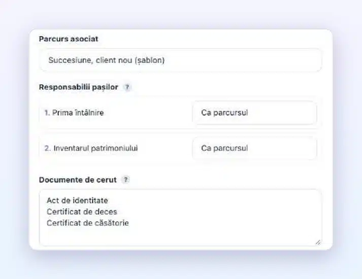 Șablon de dosar al modului Echipă în Client Vault 20.43 cu câmpul „Parcurs asociat”, care propune un parcurs șablon, „Responsabilii pașilor” și „Documente de cerut”