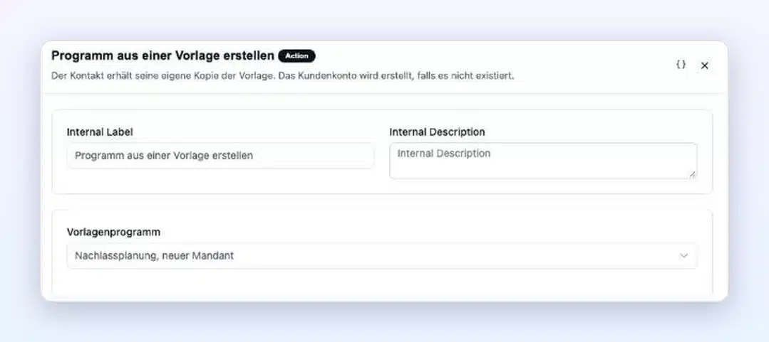 FluentCRM-Automatisierung mit der Client-Vault-Aktion „Programm aus einer Vorlage erstellen“ und der Auswahl des Vorlagenprogramms