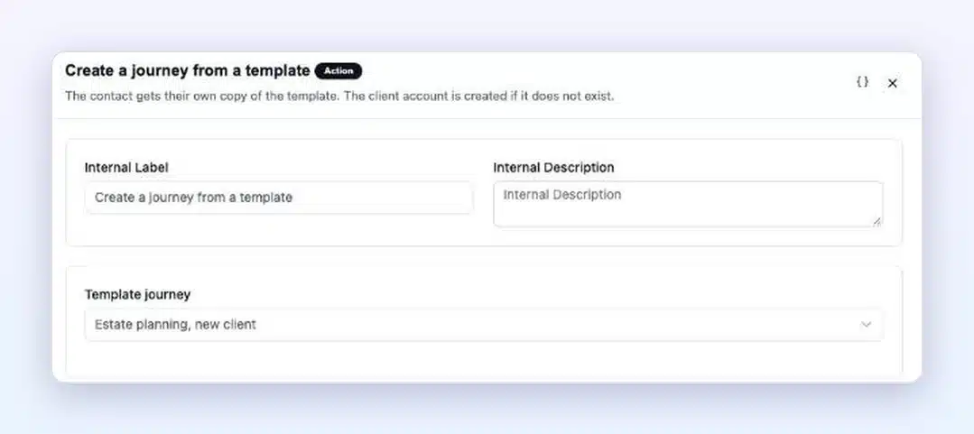 FluentCRM automation with the Client Vault action “Create a journey from a template” and the choice of the template journey