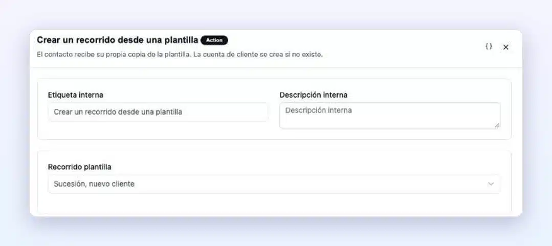 Automatización de FluentCRM con la acción de Client Vault «Crear un recorrido desde una plantilla» y la elección del recorrido plantilla