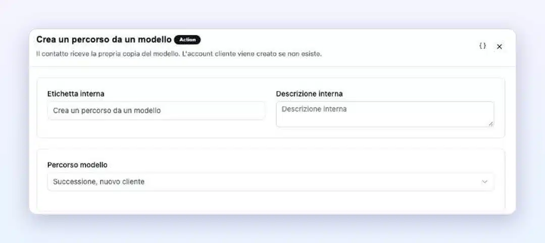 Automazione FluentCRM con l’azione Client Vault «Crea un percorso da un modello» e la scelta del percorso modello