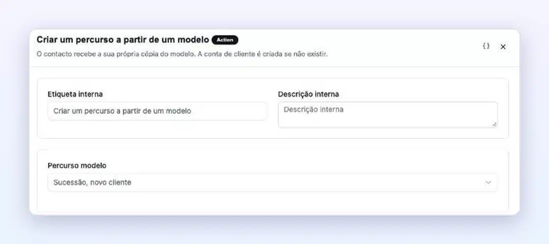 Automação FluentCRM com a ação do Client Vault «Criar um percurso a partir de um modelo» e a escolha do percurso modelo