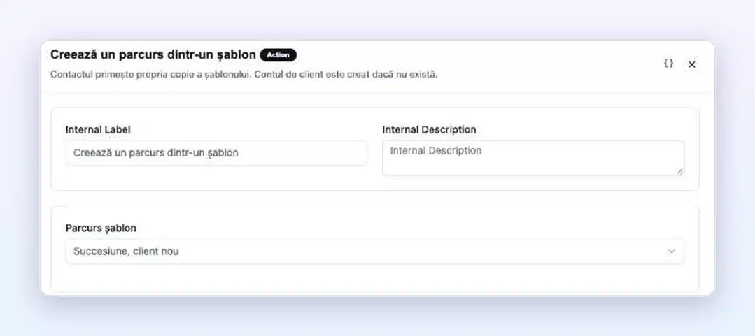 Automatizare FluentCRM cu acțiunea Client Vault „Creează un parcurs dintr-un șablon” și alegerea parcursului șablon