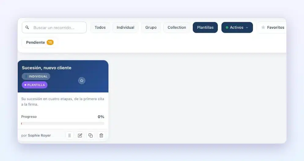 Lista de recorridos en Client Vault 20.43 con el filtro «Plantillas» y un recorrido marcado con la insignia «Plantilla»