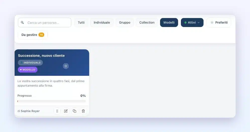 Elenco dei percorsi in Client Vault 20.43 con il filtro «Modelli» e un percorso contrassegnato dal badge «Modello»