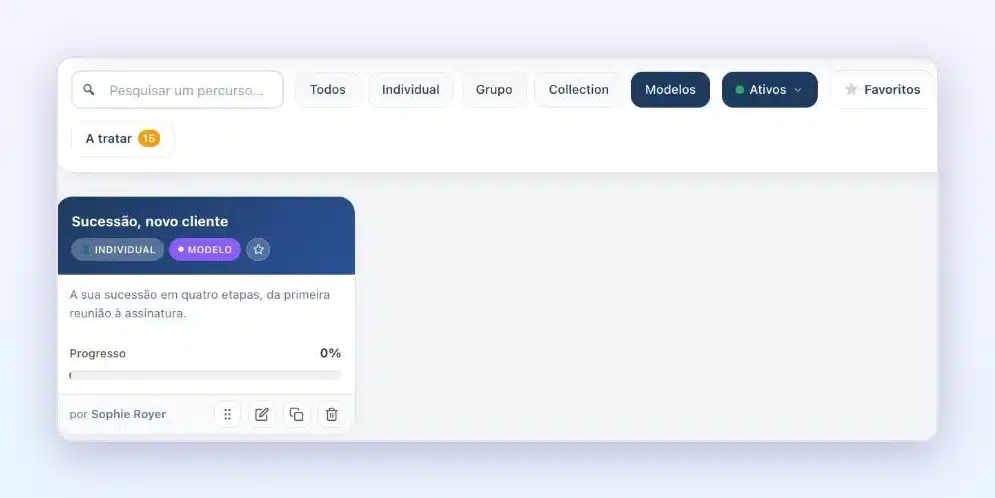 Lista dos percursos no Client Vault 20.43 com o filtro «Modelos» e um percurso marcado com o distintivo «Modelo»