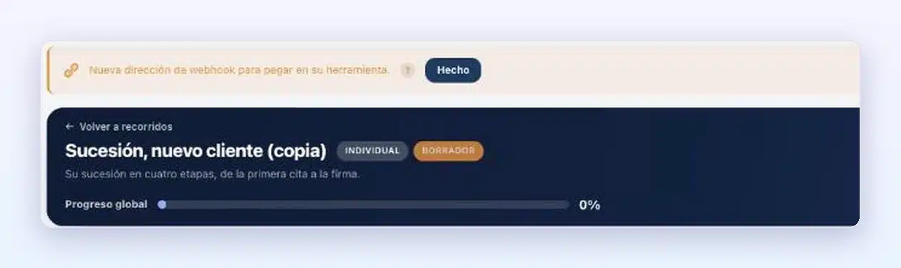 Banner «Nueva dirección de webhook para pegar en su herramienta.» en un recorrido copiado en Client Vault 20.43, con el botón «Hecho»