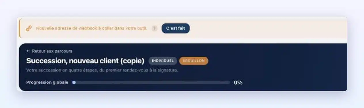 Bandeau Nouvelle adresse de webhook sur un parcours copié dans Client Vault 20.43, avec le bouton C’est fait