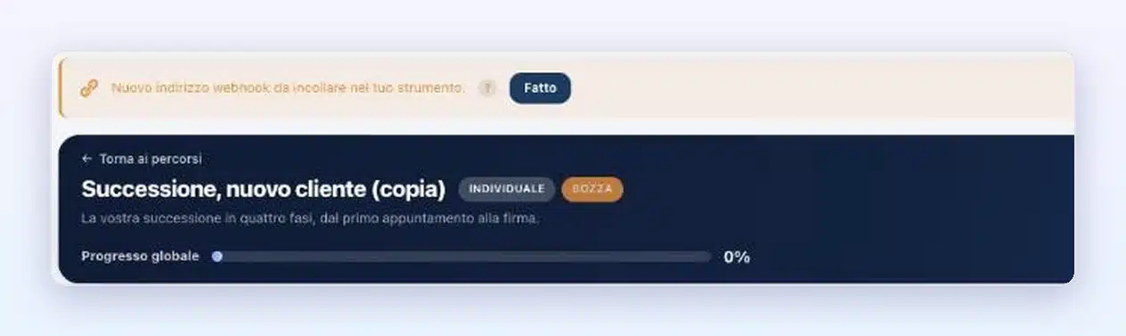 Banner «Nuovo indirizzo webhook da incollare nel tuo strumento.» su un percorso copiato in Client Vault 20.43, con il pulsante «Fatto»