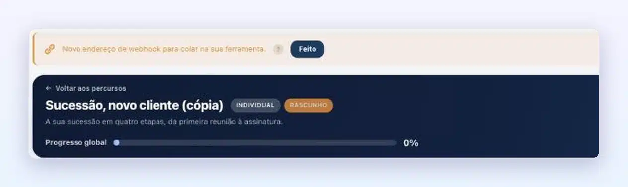 Faixa «Novo endereço de webhook para colar na sua ferramenta.» num percurso copiado no Client Vault 20.43, com o botão «Feito»
