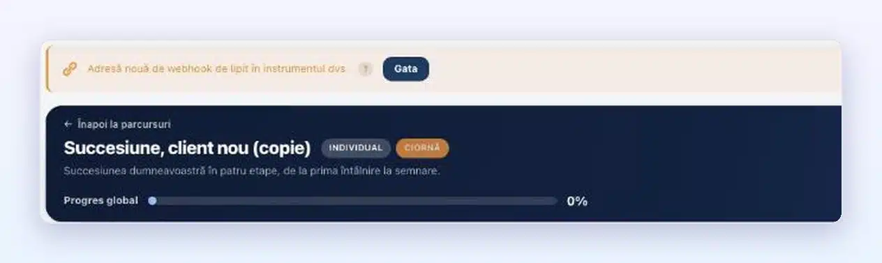 Banda „Adresă nouă de webhook de lipit în instrumentul dvs.” pe un parcurs copiat în Client Vault 20.43, cu butonul „Gata”